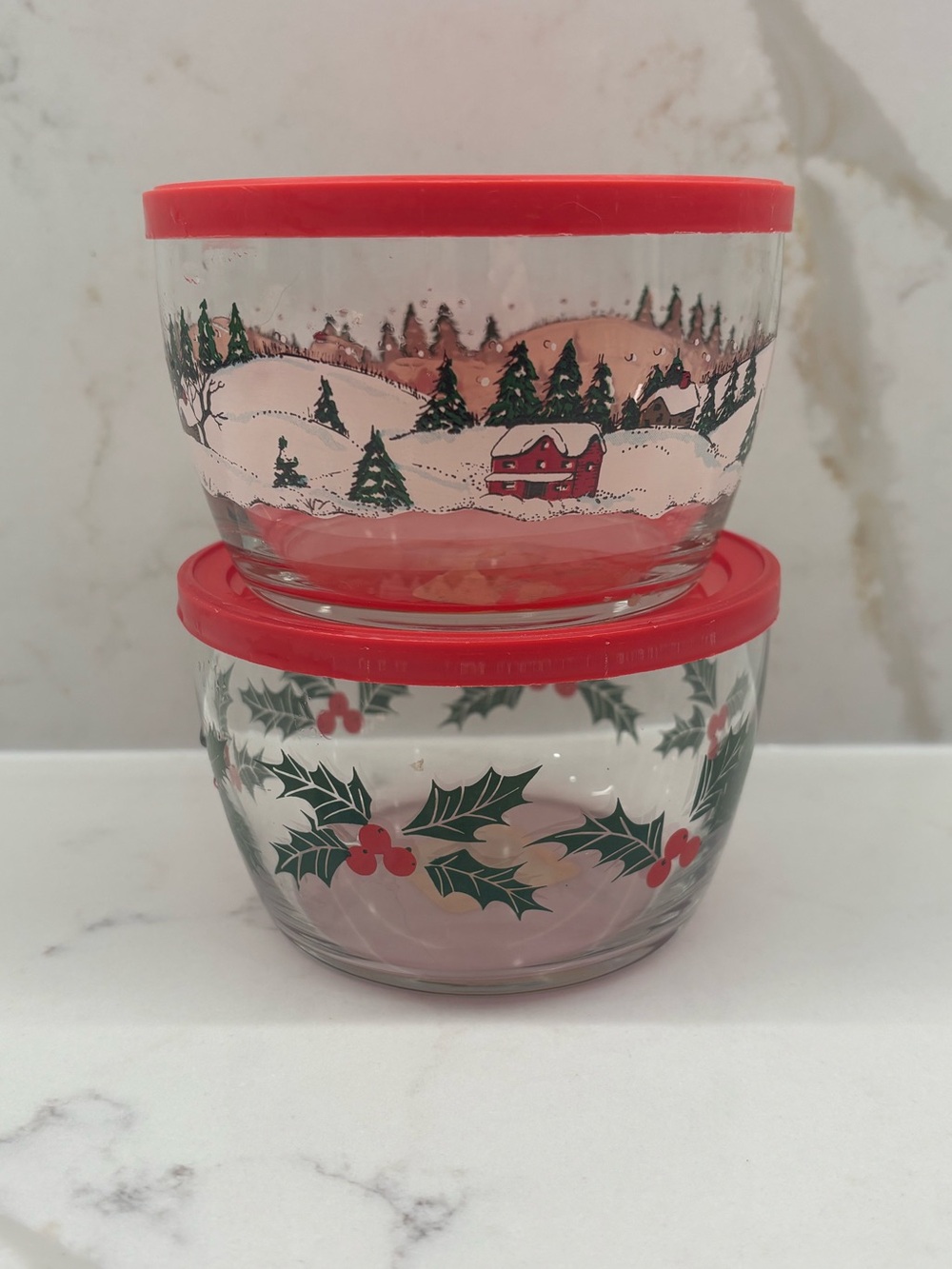 Vintage Libbey Glass Holiday Storage Containers Winter Village & Holly Berry